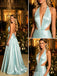 Light Blue Satin Halter Cutout Pleated Sleeveless A-Line Long Prom Gown,PDS118584