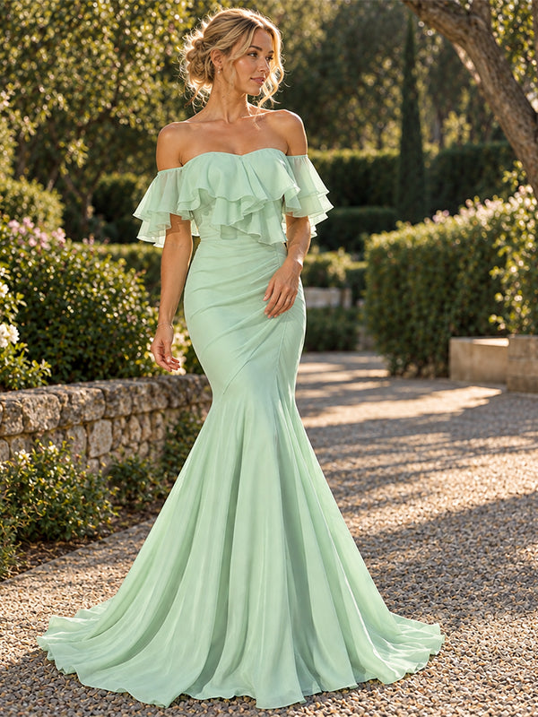 Soft Off Shoulder Ruffled Chiffon Mermaid Long Formal Dress,PDS118685