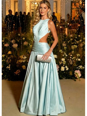 Light Blue Satin Halter Cutout Pleated Sleeveless A-Line Long Prom Gown,PDS118584