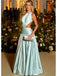 Light Blue Satin Halter Cutout Pleated Sleeveless A-Line Long Prom Gown,PDS118584
