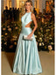 Light Blue Satin Halter Cutout Pleated Sleeveless A-Line Long Prom Gown,PDS118584