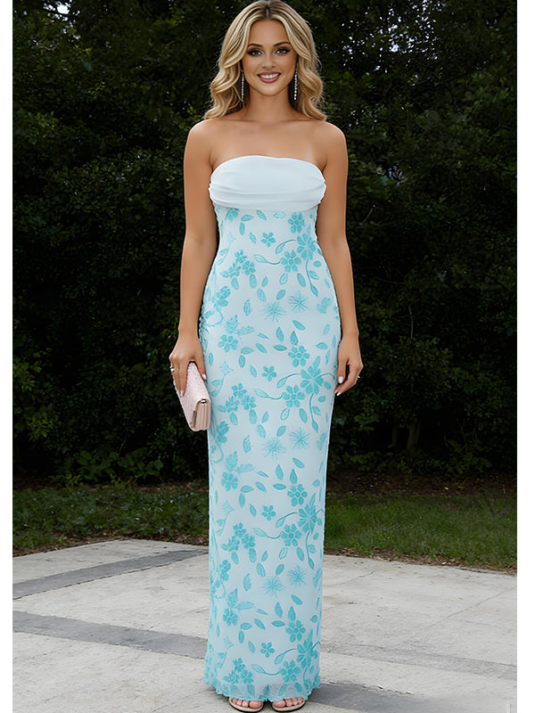 Sky-Blue Lace Appliques Strapless Chiffon Mermaid Long Prom Party Dress,PDS118502