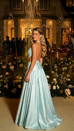 Light Blue Satin Halter Cutout Pleated Sleeveless A-Line Long Prom Gown,PDS118584