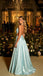 Light Blue Satin Halter Cutout Pleated Sleeveless A-Line Long Prom Gown,PDS118584