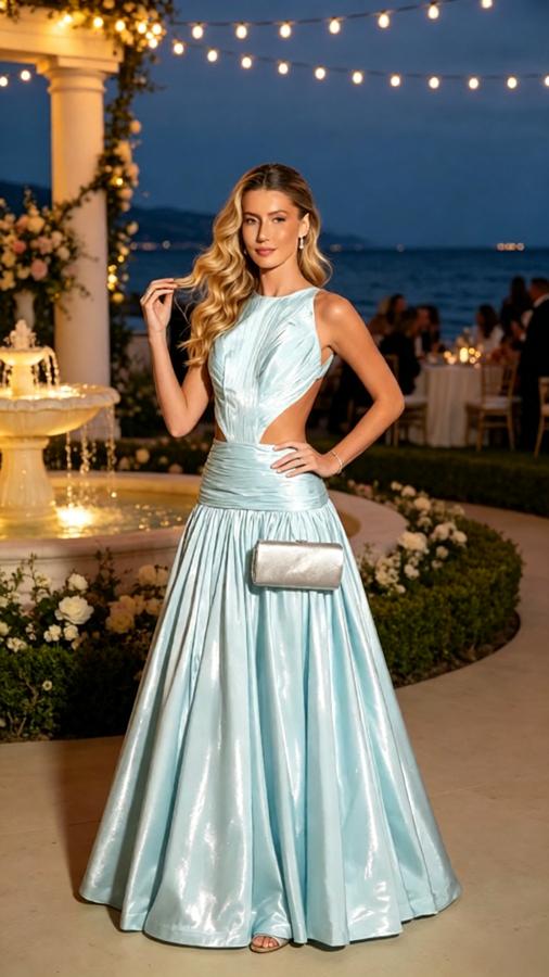 Light Blue Satin Halter Cutout Pleated Sleeveless A-Line Long Prom Gown,PDS118584