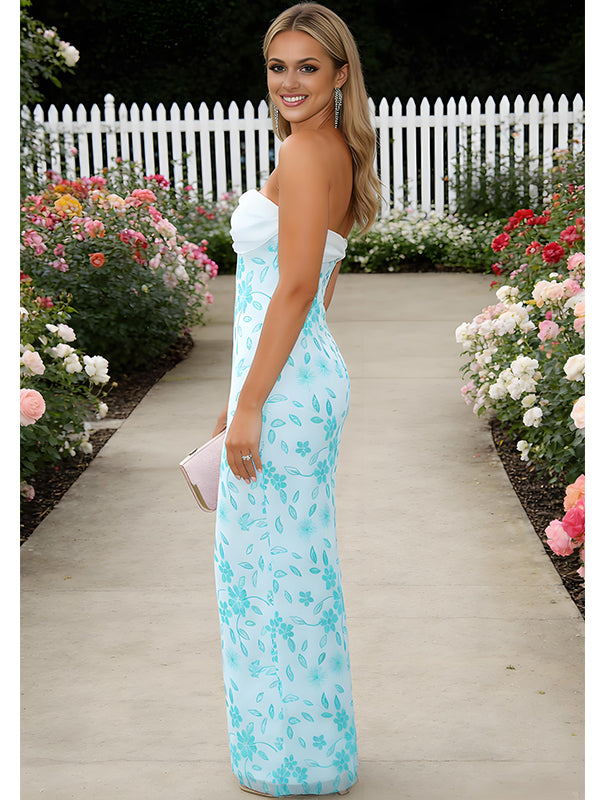 Sky-Blue Lace Appliques Strapless Chiffon Mermaid Long Prom Party Dress,PDS118502