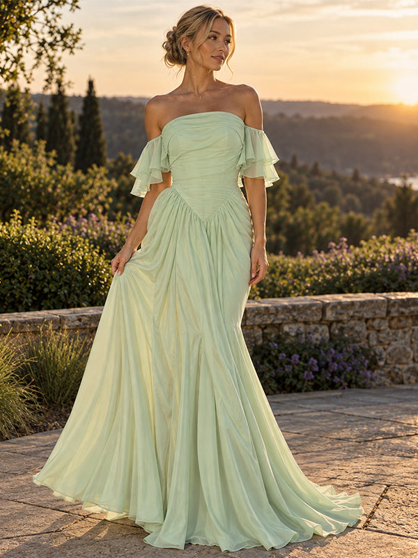 Dreamy Off Shoulder Pleated Chiffon A-Line Flowy Prom Gown,PDS118686