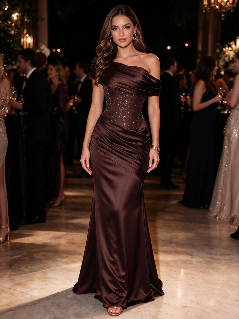 Gorgeous Dark Brown Satin Off Shoulder Sequin Corset Mermaid Evening Dress,PDS118761