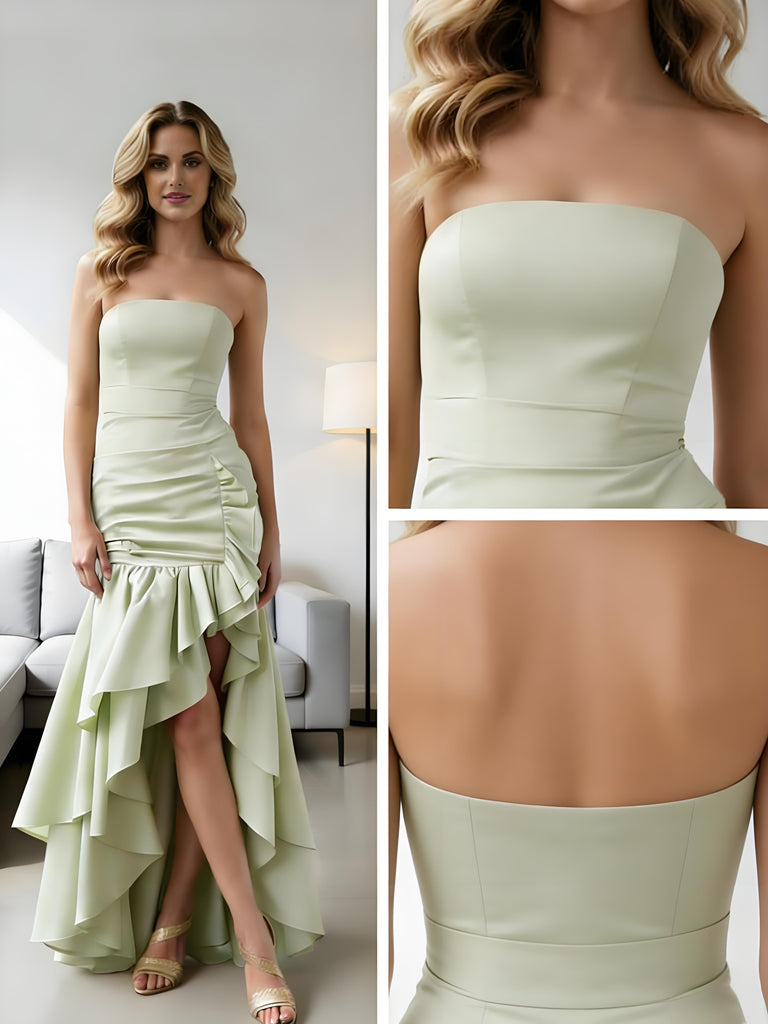 Charming Ruffles Side Slit Strapless High-Low Mermaid Long Prom Party Dress,PDS118503