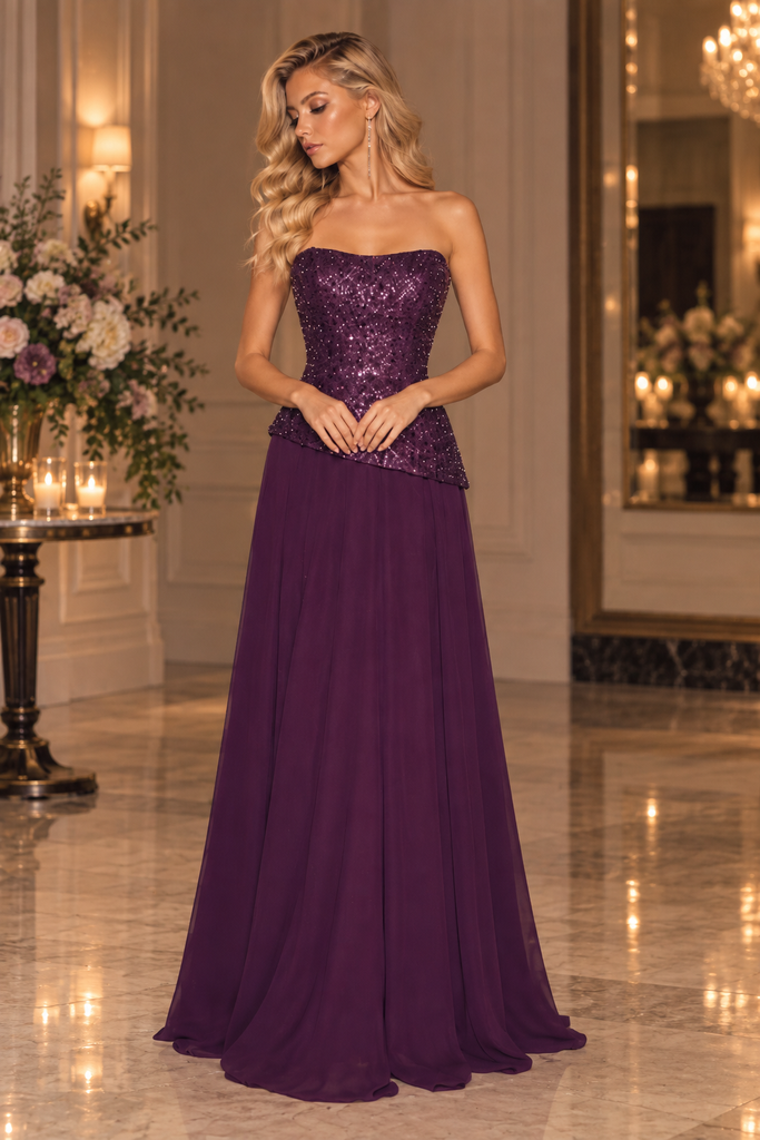 Plum Purple Strapless Sequin Bodice Chiffon A-Line Long Evening Party Dress,PDS118585