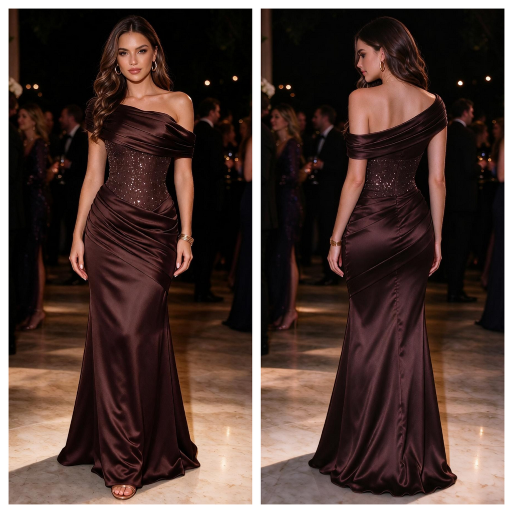 Gorgeous Dark Brown Satin Off Shoulder Sequin Corset Mermaid Evening Dress,PDS118761