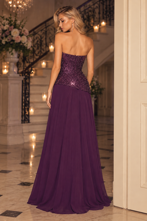Plum Purple Strapless Sequin Bodice Chiffon A-Line Long Evening Party Dress,PDS118585