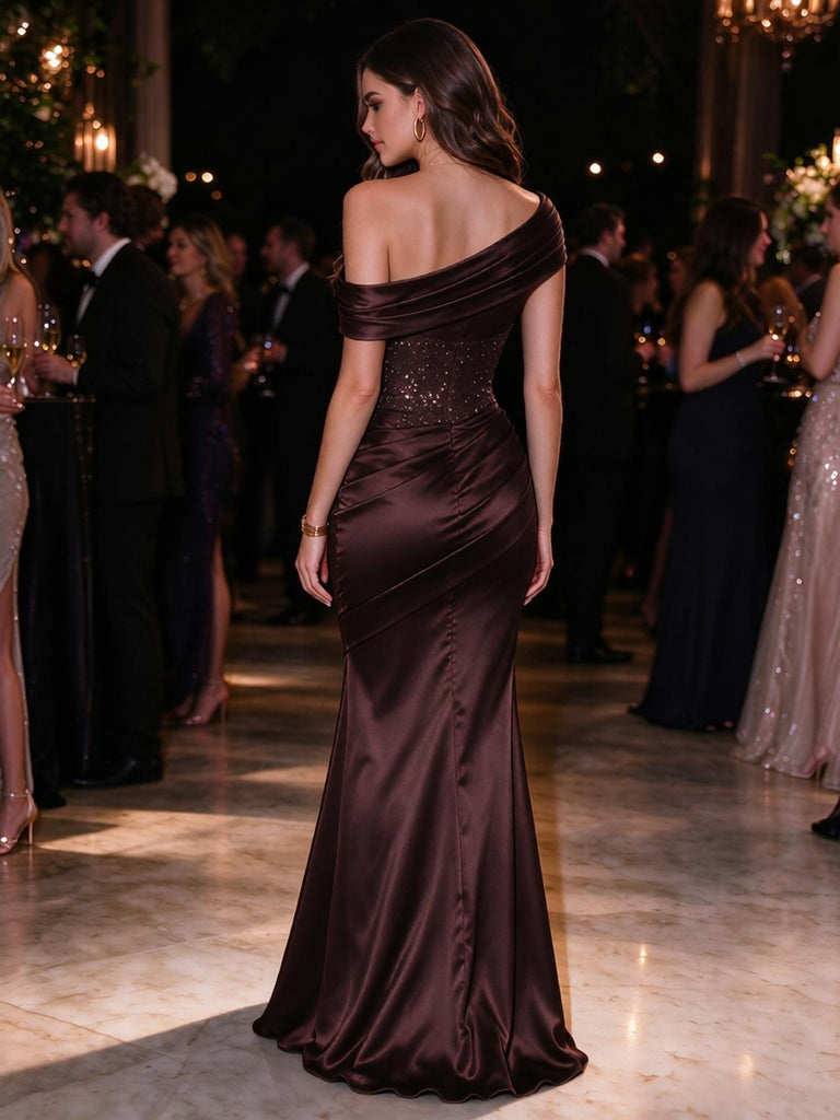 Gorgeous Dark Brown Satin Off Shoulder Sequin Corset Mermaid Evening Dress,PDS118761