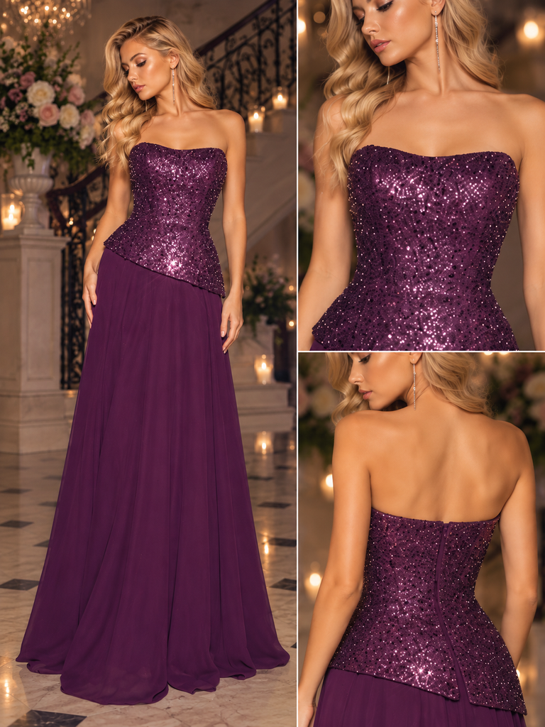 Plum Purple Strapless Sequin Bodice Chiffon A-Line Long Evening Party Dress,PDS118585