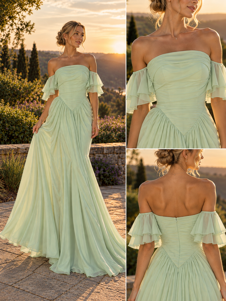 Dreamy Off Shoulder Pleated Chiffon A-Line Flowy Prom Gown,PDS118686