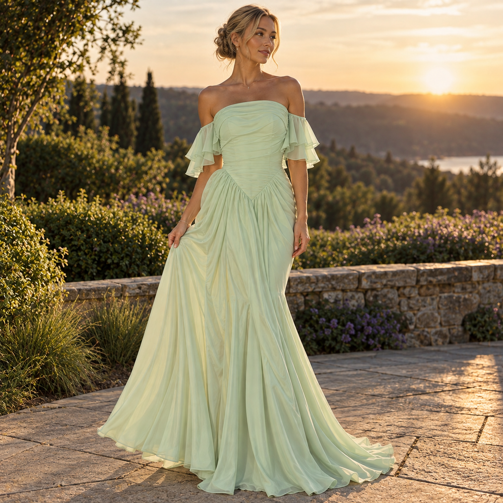 Dreamy Off Shoulder Pleated Chiffon A-Line Flowy Prom Gown,PDS118686