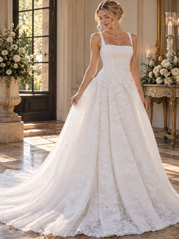 Timeless Square Neck Spaghetti Strap Allover Lace A-Line Wedding Dress,WD0445