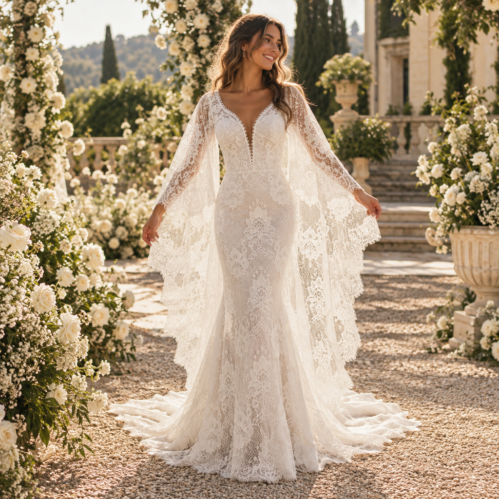 Luxury V Neck Cape Sleeve Lace Mermaid Wedding Dress With Scalloped Train, WD0400