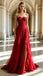 Red Side Slit Pleats Lace Appliques Sweetheart A-Line Long Prom Party Dress,PDS118521