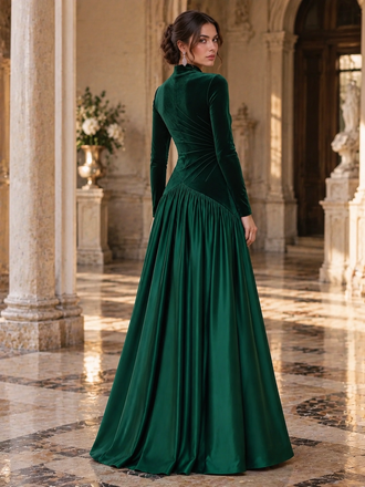 Luxe Emerald Green High Neck Velvet Long Sleeve A Line Evening Gown,PDS118812