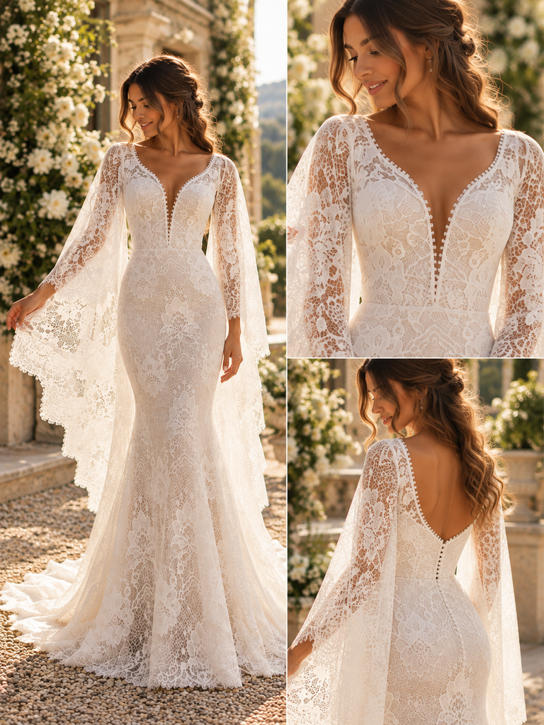 Luxury V Neck Cape Sleeve Lace Mermaid Wedding Dress With Scalloped Train, WD0400