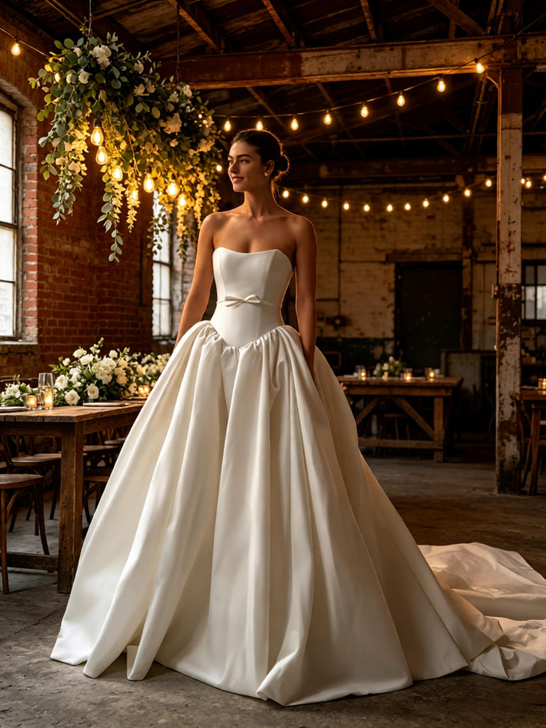 Elegant Pleats Bowknot Strapless Satin A-Line Floor Length Wedding Dresses, WD0382