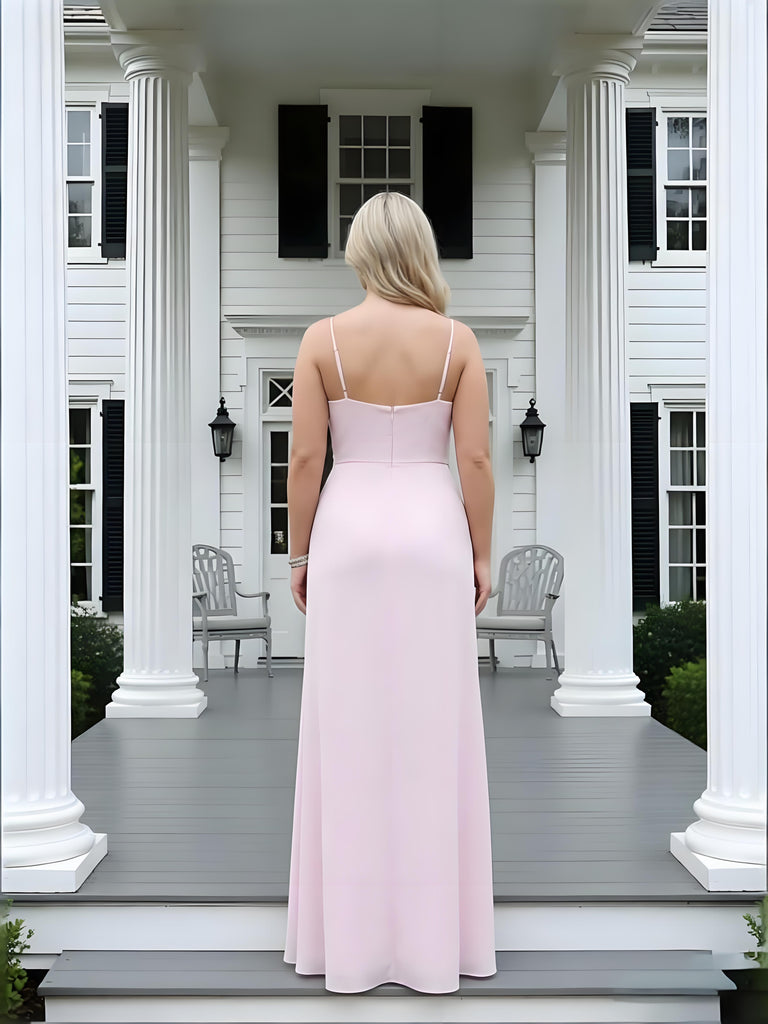 Pink Ruffles V-neck Side Slit Chiffon Sleeveless Sheath Long Prom Party Dress,PDS11828