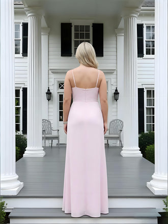 Pink Ruffles V-neck Side Slit Chiffon Sleeveless Sheath Long Prom Party Dress,PDS11828