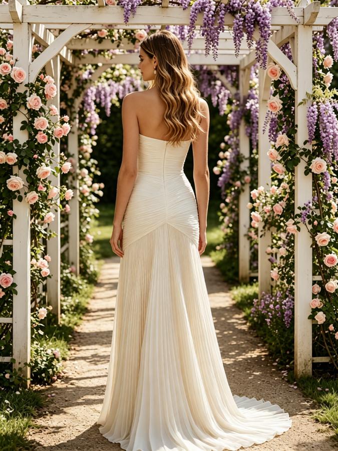 Champagne Strapless Ruched Pleated Flowy Wedding Bridal Gown,PDS118541