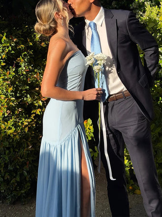 Sexy Strapless Sleeveless Side Slit Ruched Sheath Long Prom Party Dress,PDS11776