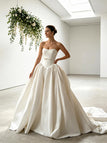 Elegant Pleats Bowknot Strapless Satin A-Line Floor Length Wedding Dresses, WD0382