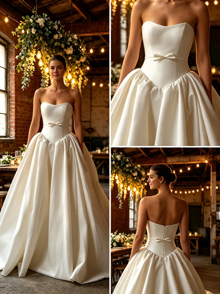 Elegant Pleats Bowknot Strapless Satin A-Line Floor Length Wedding Dresses, WD0382