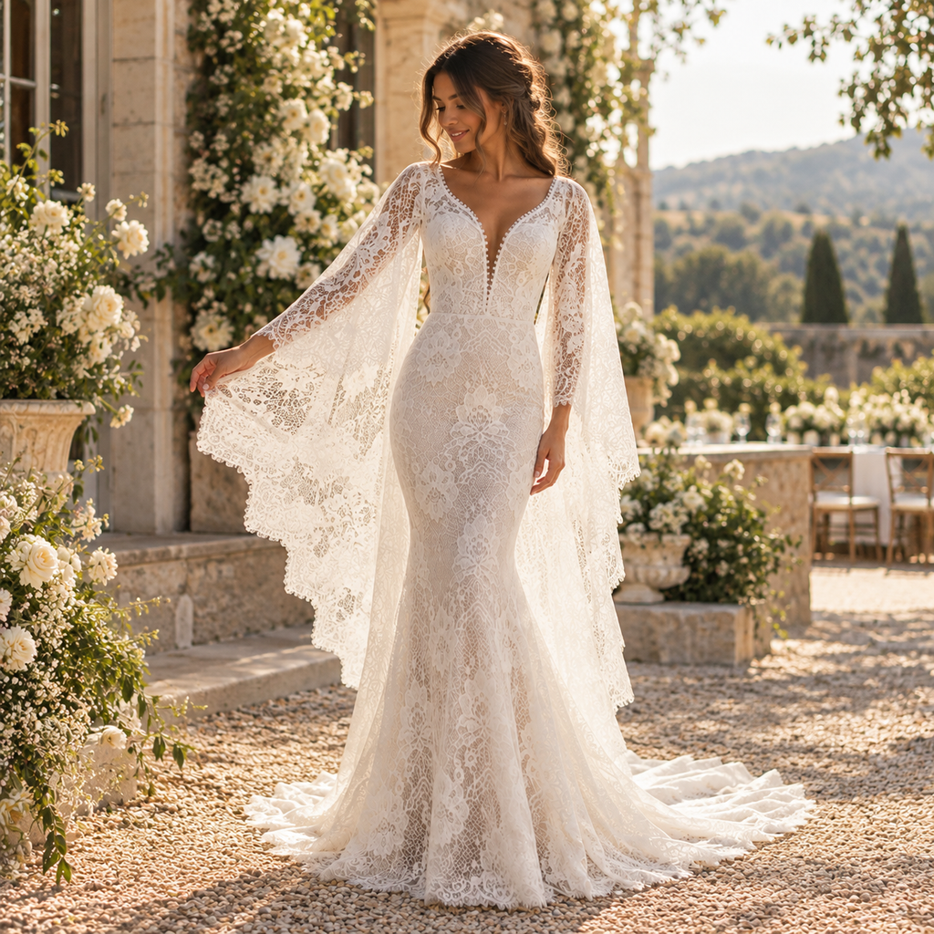 Luxury V Neck Cape Sleeve Lace Mermaid Wedding Dress With Scalloped Train, WD0400