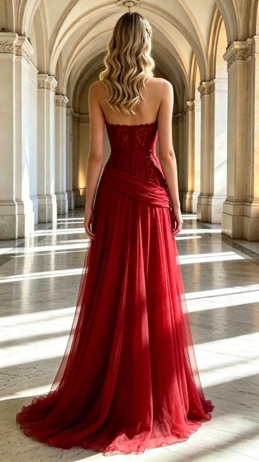 Red Side Slit Pleats Lace Appliques Sweetheart A-Line Long Prom Party Dress,PDS118521