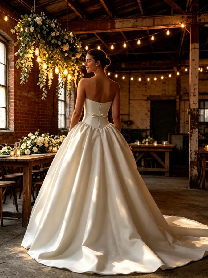 Elegant Pleats Bowknot Strapless Satin A-Line Floor Length Wedding Dresses, WD0382