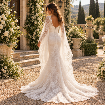 Luxury V Neck Cape Sleeve Lace Mermaid Wedding Dress With Scalloped Train, WD0400