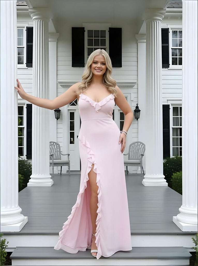 Pink Ruffles V-neck Side Slit Chiffon Sleeveless Sheath Long Prom Party Dress,PDS11828