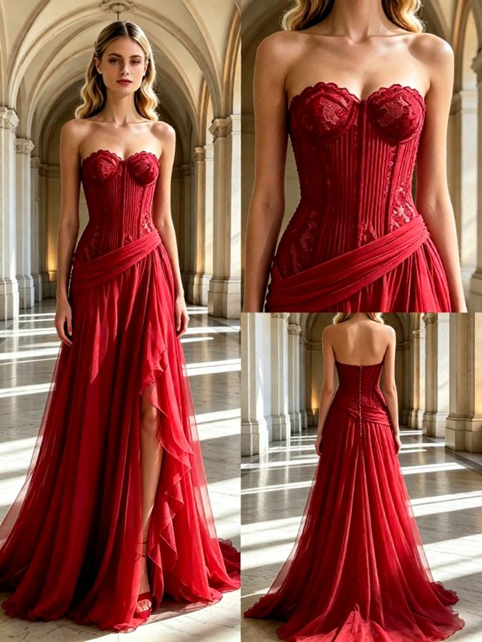 Red Side Slit Pleats Lace Appliques Sweetheart A-Line Long Prom Party Dress,PDS118521