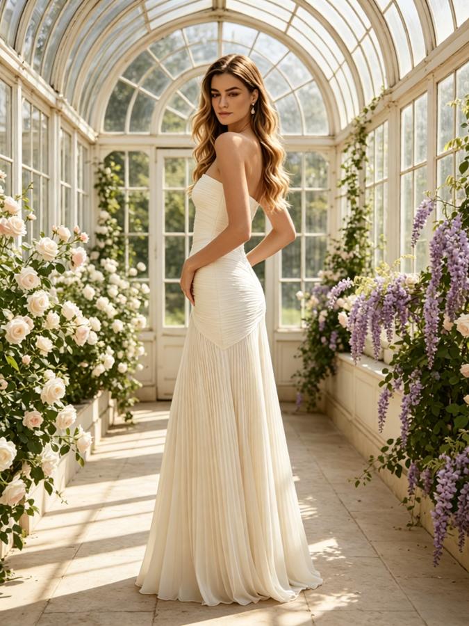 Champagne Strapless Ruched Pleated Flowy Wedding Bridal Gown,PDS118541