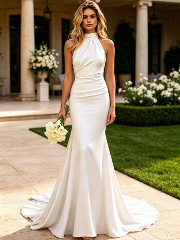 Elegant Halter Strapless Sleeveless Satin Mermaid Floor Length Wedding Dresses, WD0364