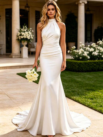 Elegant Halter Strapless Sleeveless Satin Mermaid Floor Length Wedding Dresses, WD0364