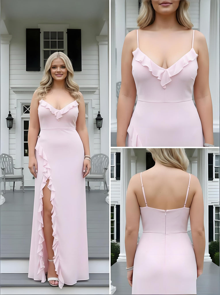 Pink Ruffles V-neck Side Slit Chiffon Sleeveless Sheath Long Prom Party Dress,PDS11828