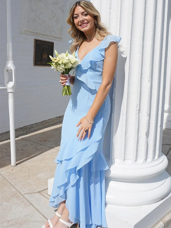 Elegant Light Blue Ruffles V-Neck Sleeveless Mermaid Long Prom Party Dress,PDS11777