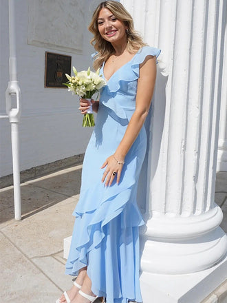 Elegant Light Blue Ruffles V-Neck Sleeveless Mermaid Long Prom Party Dress,PDS11777