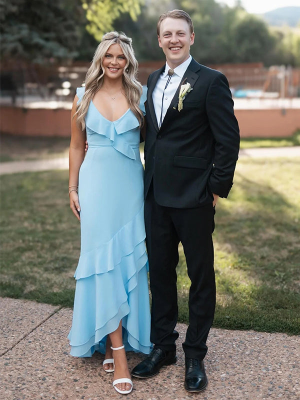 Elegant Light Blue Ruffles V-Neck Sleeveless Mermaid Long Prom Party Dress,PDS11777