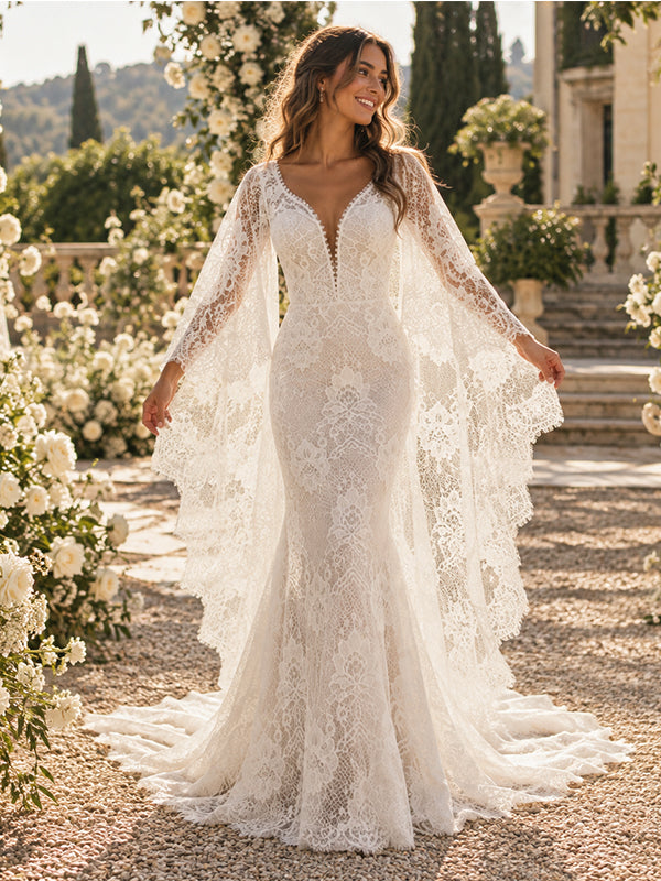 Luxury V Neck Cape Sleeve Lace Mermaid Wedding Dress With Scalloped Train, WD0400