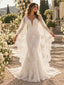 Luxury V Neck Cape Sleeve Lace Mermaid Wedding Dress With Scalloped Train, WD0400