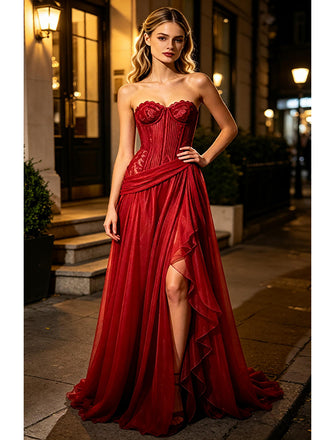 Red Side Slit Pleats Lace Appliques Sweetheart A-Line Long Prom Party Dress,PDS118521