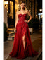 Red Side Slit Pleats Lace Appliques Sweetheart A-Line Long Prom Party Dress,PDS118521