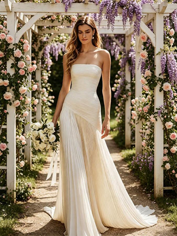 Champagne Strapless Ruched Pleated Flowy Wedding Bridal Gown,PDS118541